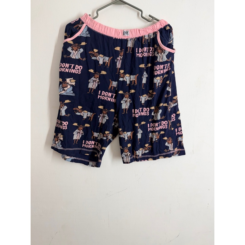 Lazy One Womens Bermuda Pajama Shorts Navy Blue Moose I Don't Do Mornings Large